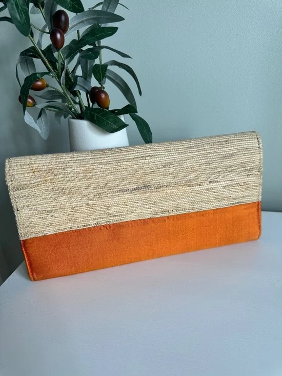 Handmade Vintage Woven Straw Coastal Clutch Orange Silk Boho Beach Resort Bag - Picture 6 of 10